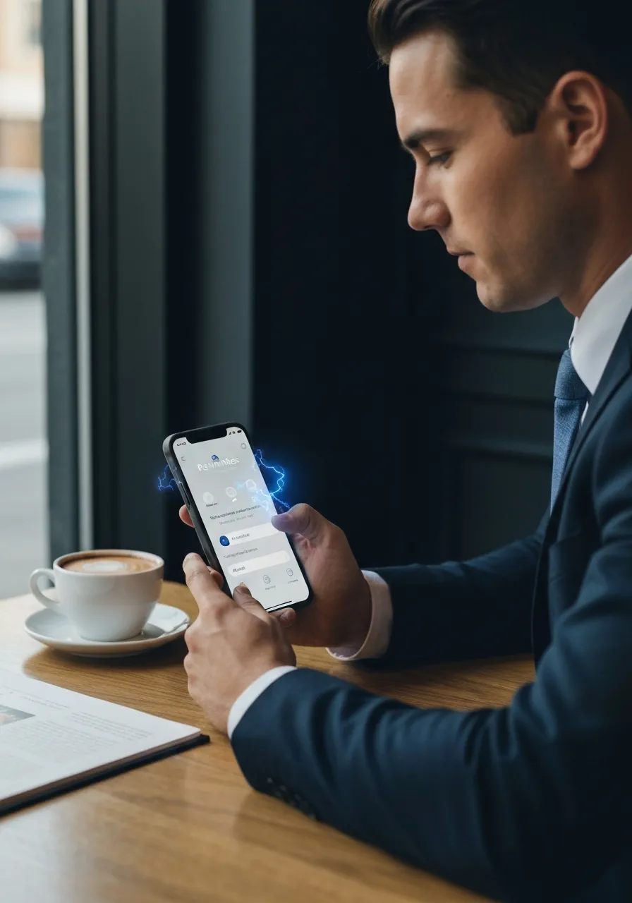 Realtor reviewing leads on the Rainmaker mobile app at a coffee shop