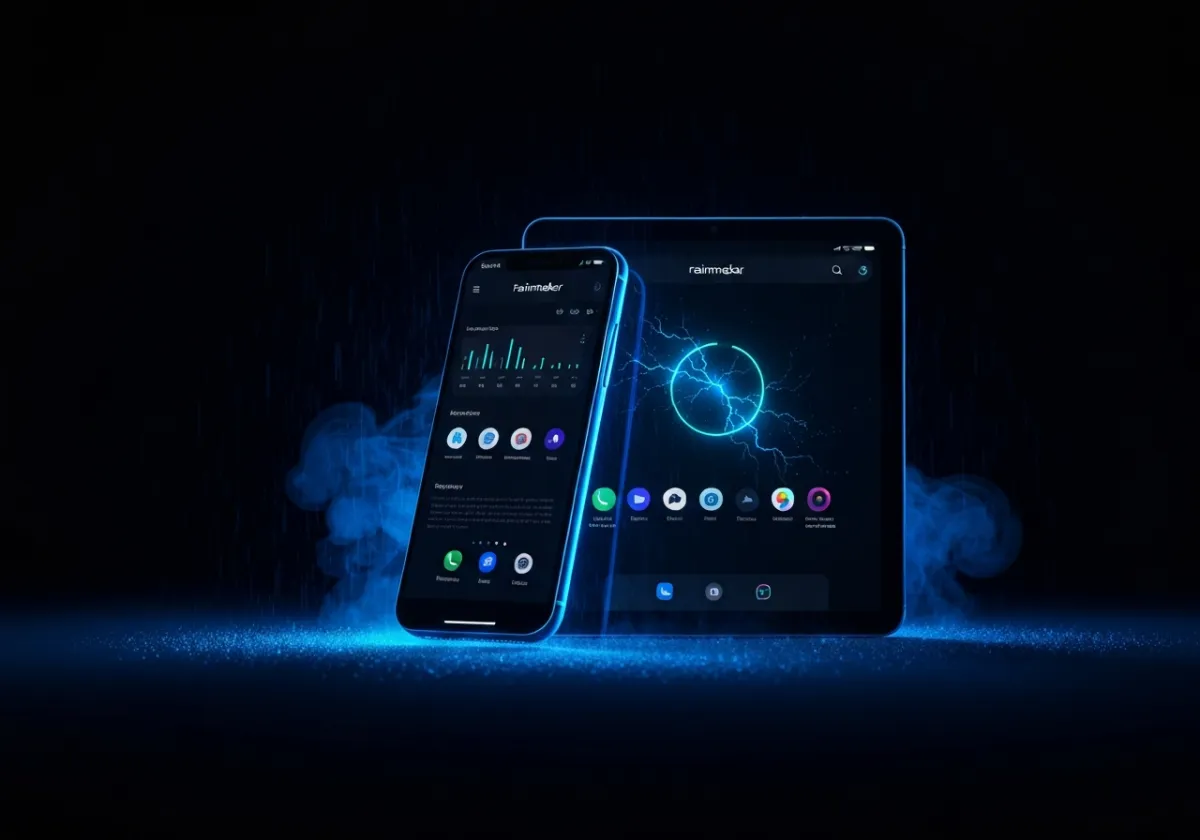 Rainmaker Virtual Office mobile application dashboard displayed on multiple high-end Apple devices