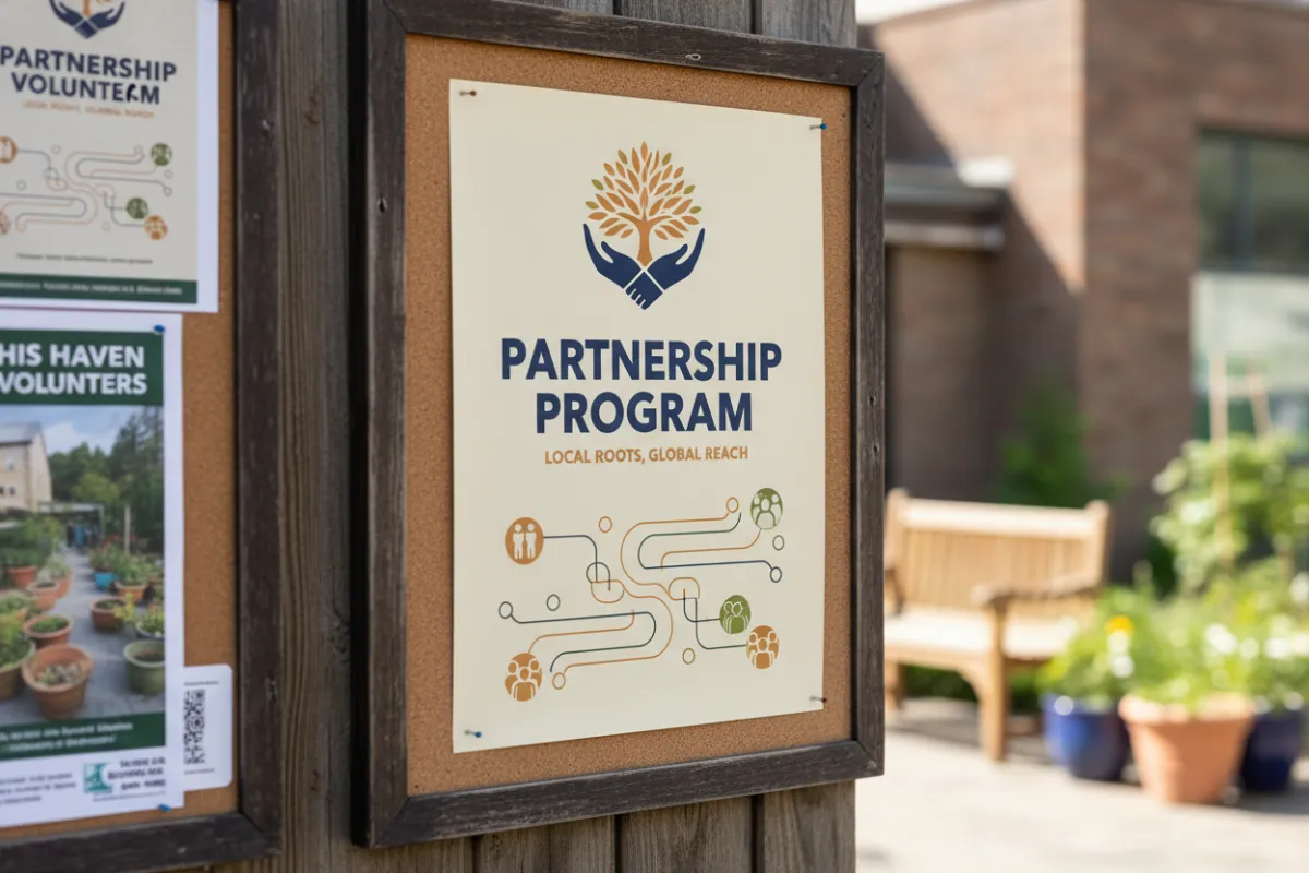 Promotional image for His Haven Volunteers partnership program showing branded poster on a community bulletin board, clean layout, bold typography, realistic photographic style to support a local campaign.