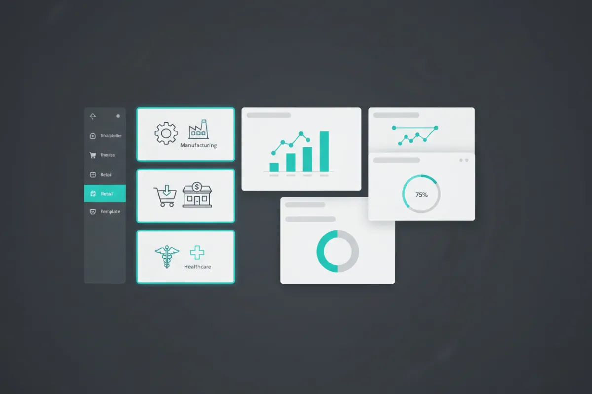 Illustration of modular dashboard with labeled industry templates and teal accent highlights.