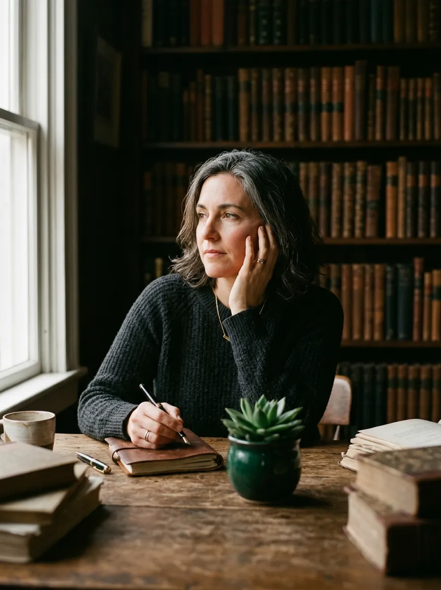 Portrait of the author in thoughtful contemplation, film aesthetic with warm natural lighting