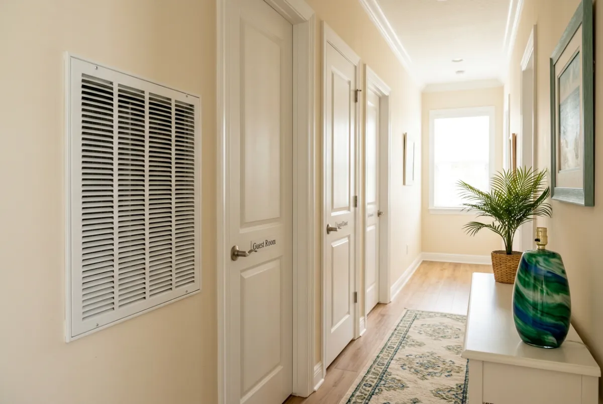 Cozy residential hallway with closed doors where unventilated damp odors might gather