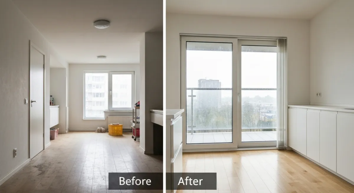 Photorealistic before-and-after house cleaning comparison: same room before cleaning vs after professional cleaning.
