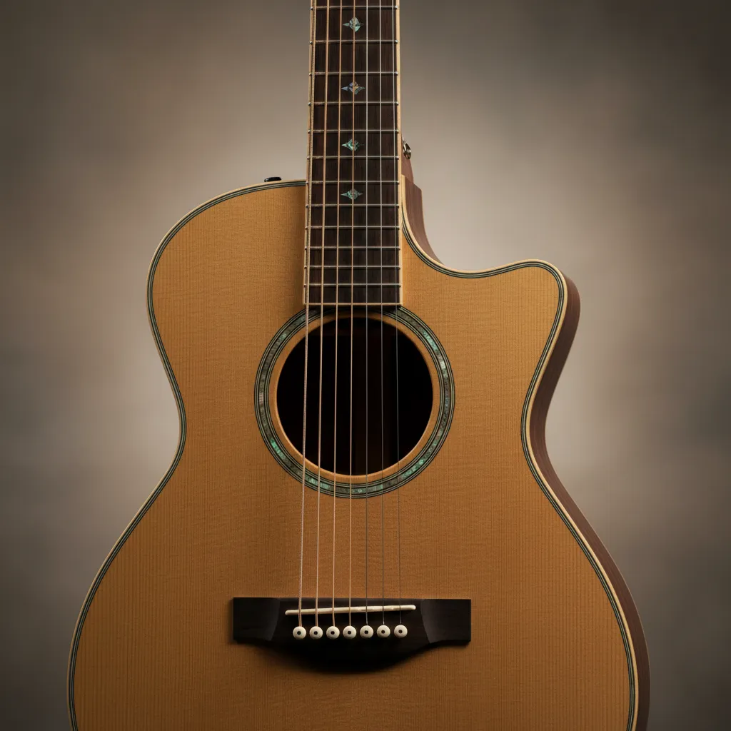 Close-up vertical acoustic guitar showing body and strings