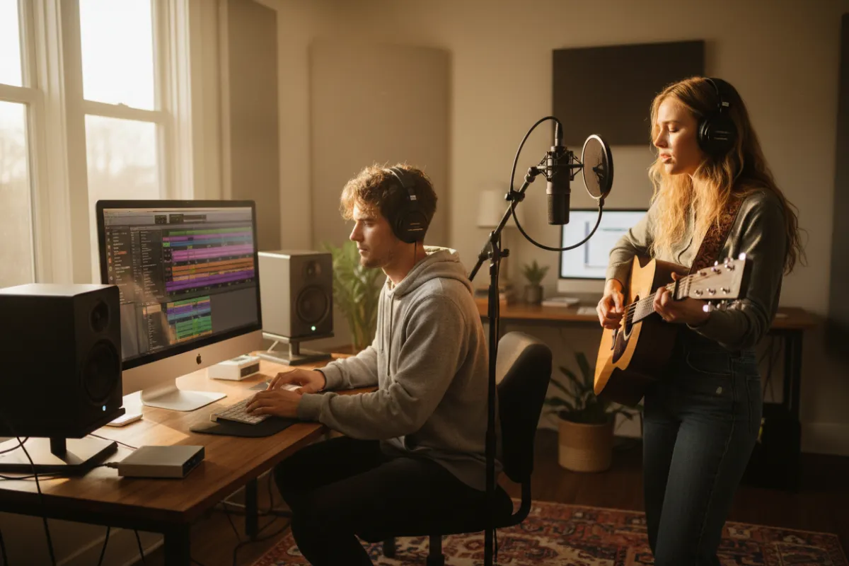 Young adult running the computer while another records vocals and guitar in a well-lit, modern home studio with professional audio equipment.