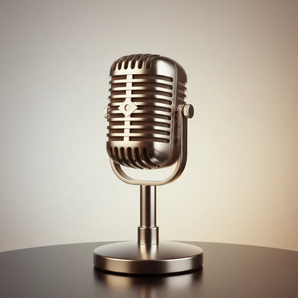 Photorealistic 1:1 photo (no people) of a classy vintage microphone on a neutral background; natural studio lighting; shallow depth of field