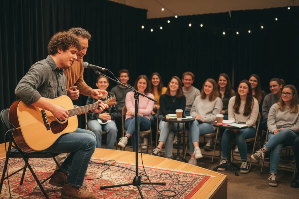 Male instructor coaching a teen/young adult singer-guitarist on a small stage with a small audience of teens and young adults.