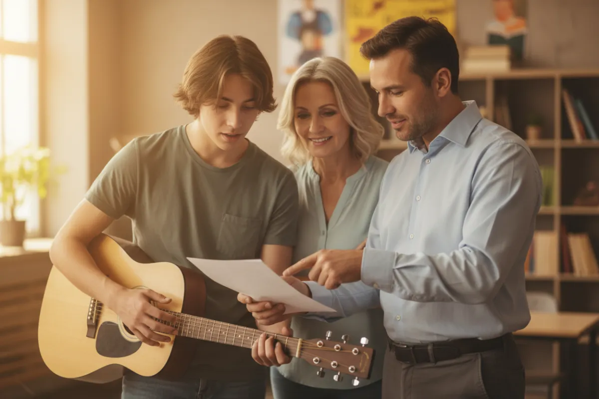 Male teacher pointing to a paper progress report while a late-teen student with an acoustic guitar looks at it; a parent stands behind watching.