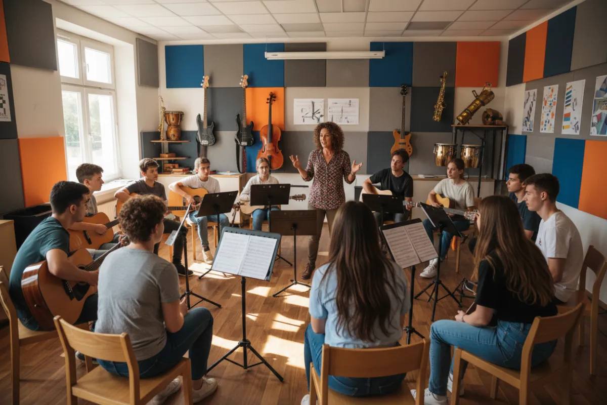 Music teacher leading a workshop with young adults and teenagers seated in a circle of chairs in a music school setting.