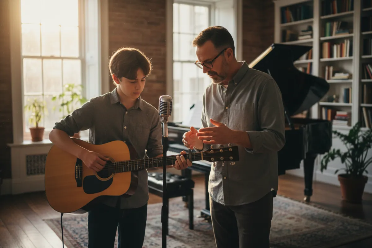 A student standing and playing an acoustic guitar into a stage microphone while a male teacher provides instruction in a sunlit home office with a piano in the background.