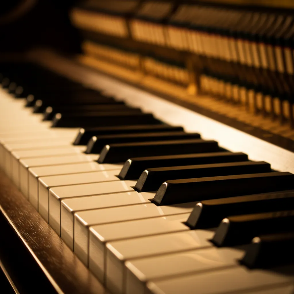 Photorealistic 1:1 overhead shot of piano keys, neutral studio lighting, brightness and tone matched to the other images in the section.