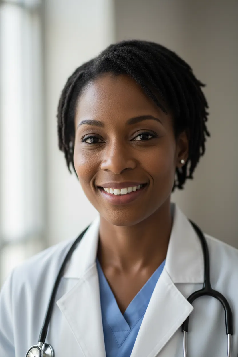 A Black female healthcare professional, age 35-45, wearing a lab coat.