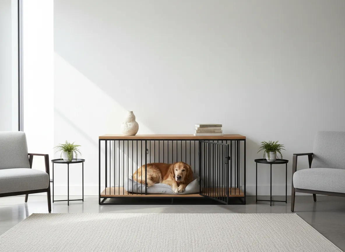Architectural dog crate styled as a console table