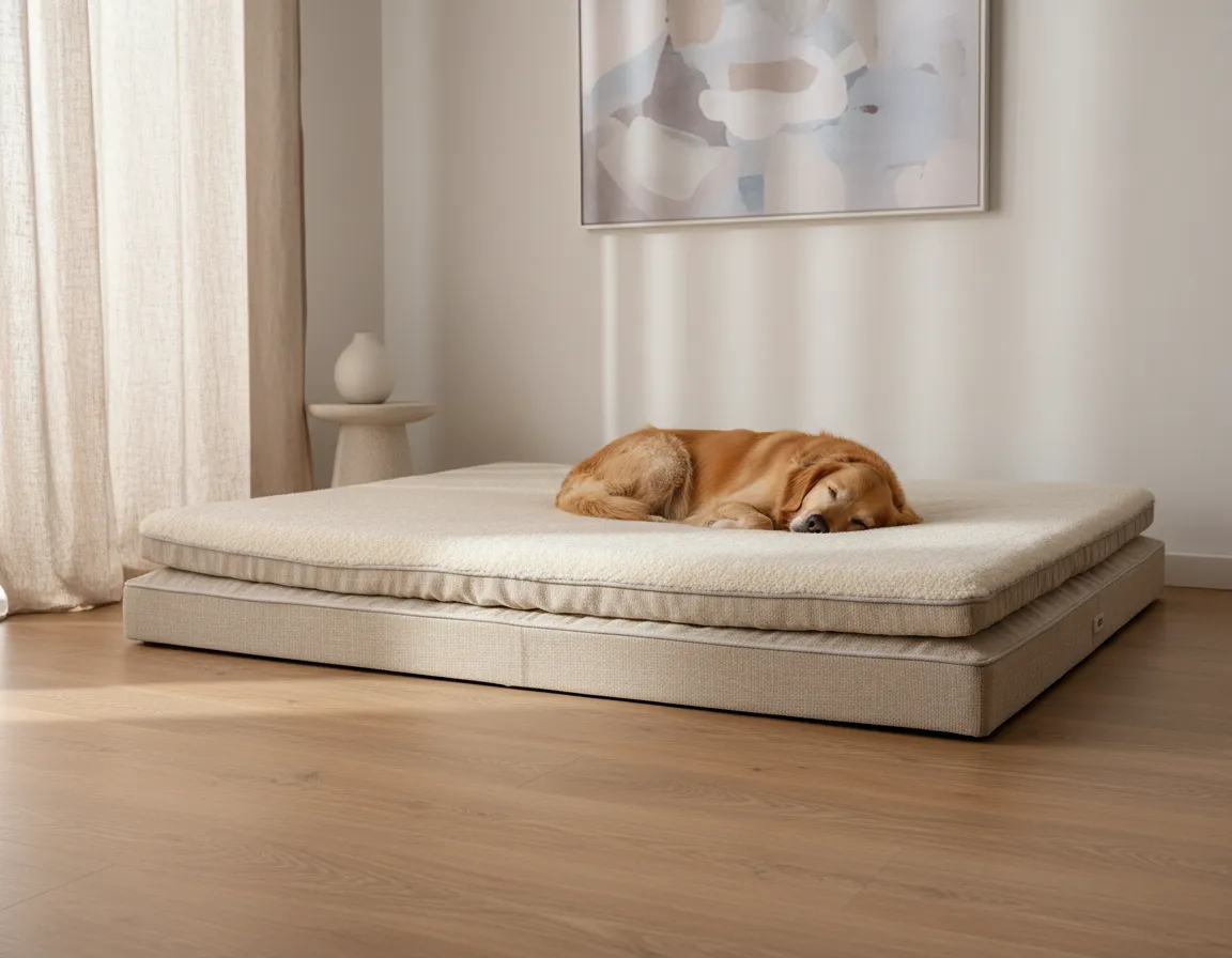 Plush luxury orthopedic dog bed in neutral tones