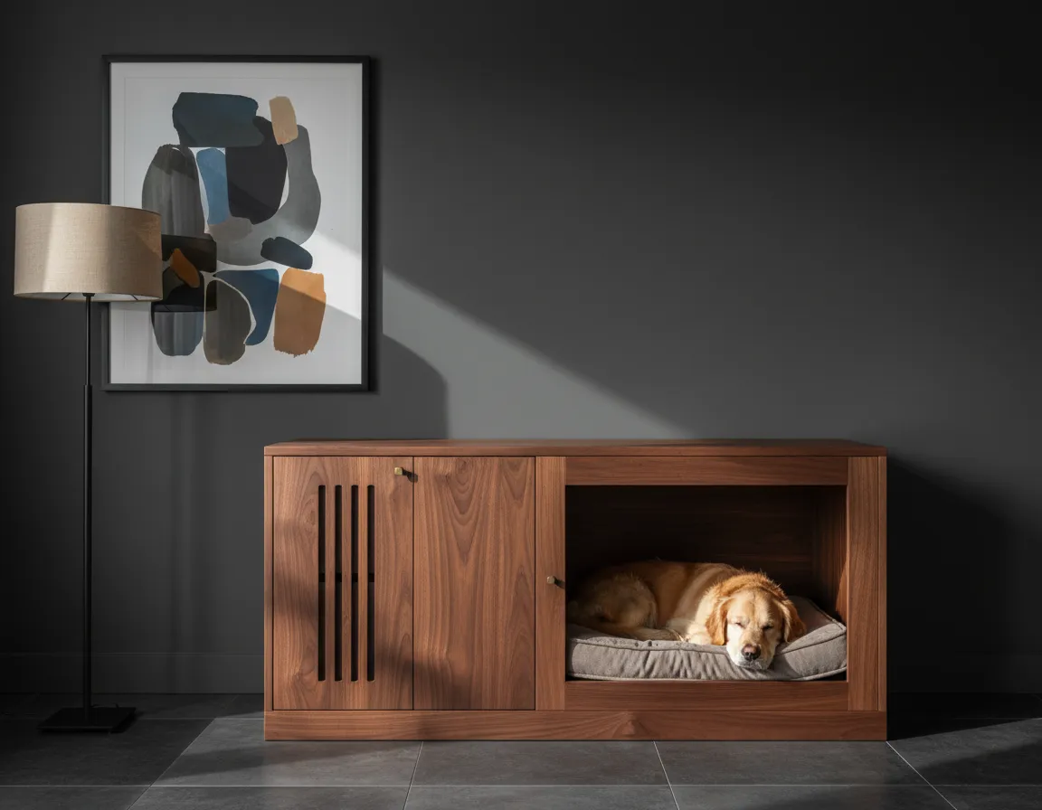 Luxe wood dog crate styled as furniture