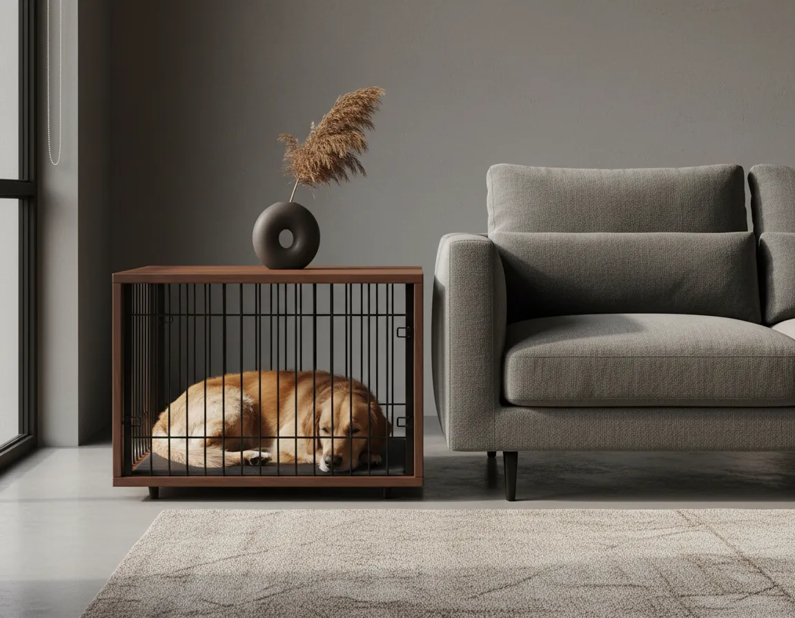 Modern canine end table dog crate in a luxury living room