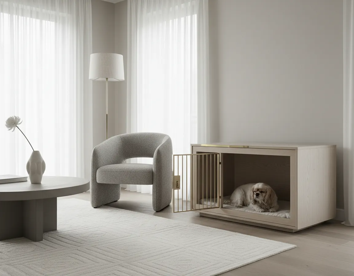 Modern minimal style dog crate in neutral interior