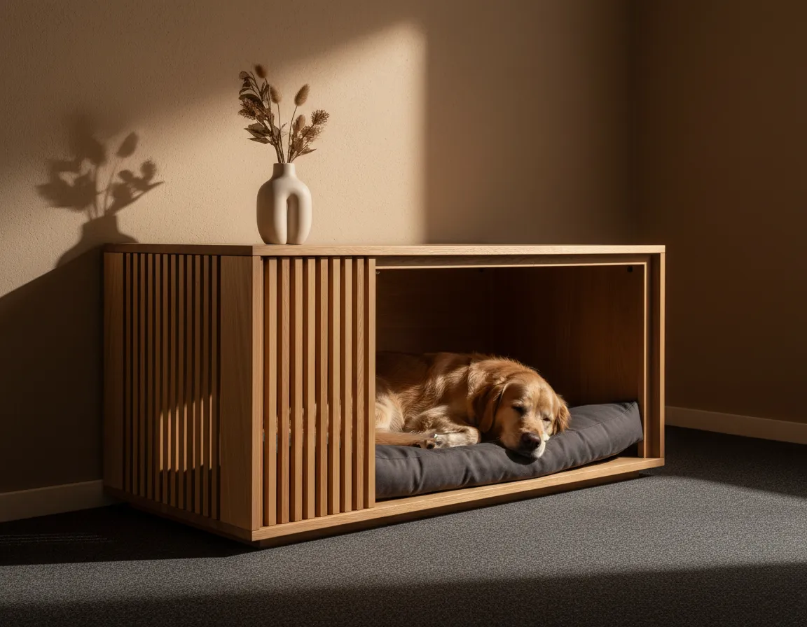 Contemporary wood dog crate styled as accent cabinet