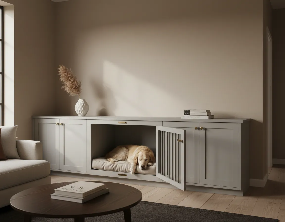Designer home dog crate integrated into living room decor