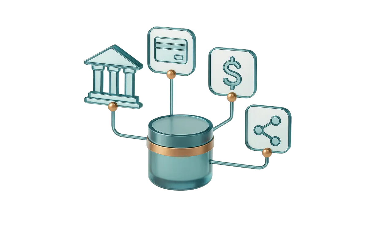 Abstract 3D architectural diagram of banking infrastructure origin points