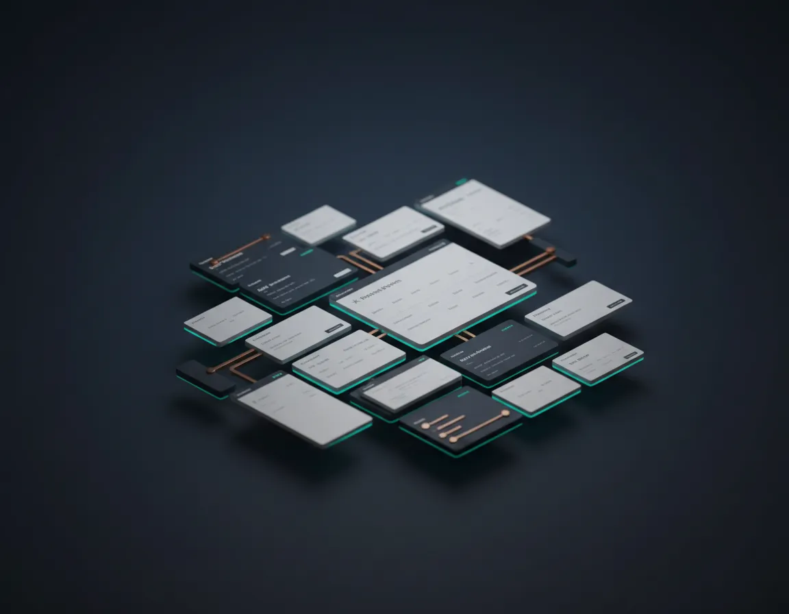 Abstract 3D rendering of a modular fintech operating system interface
