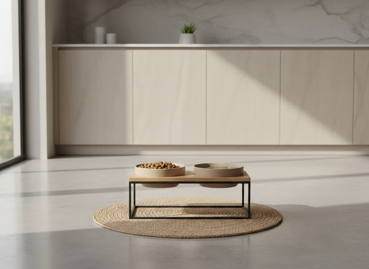 Designer dog dining setup with elevated bowls