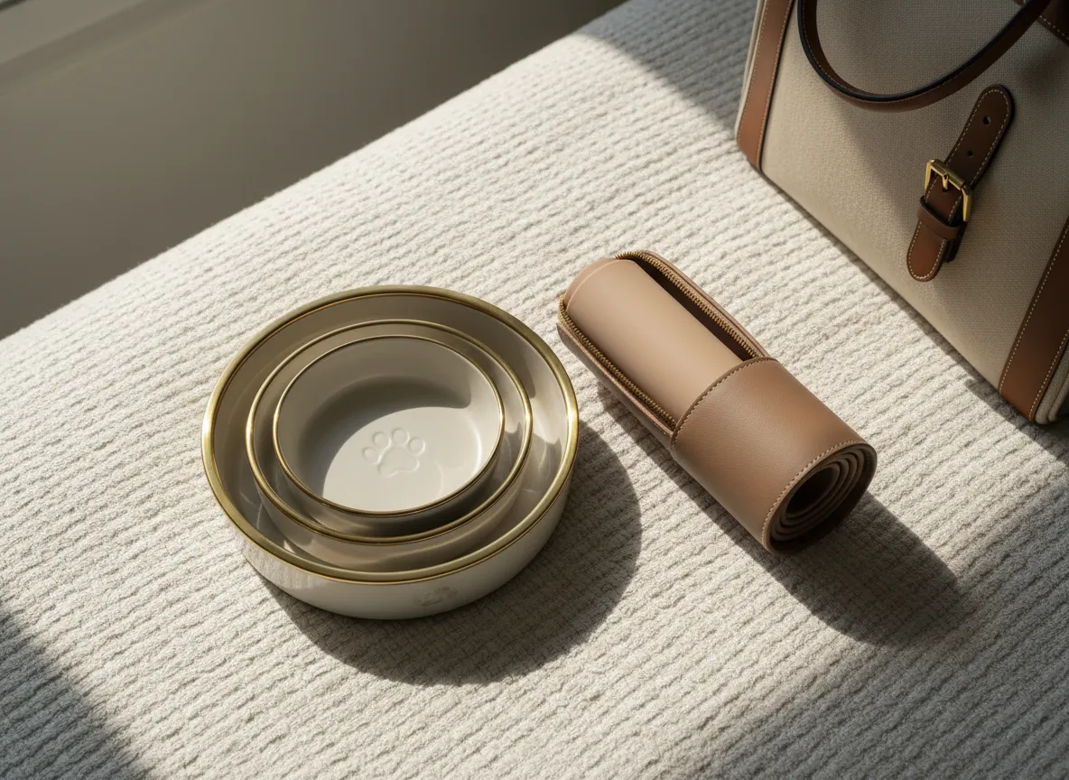 Designer dog travel dining set on a bed or bench