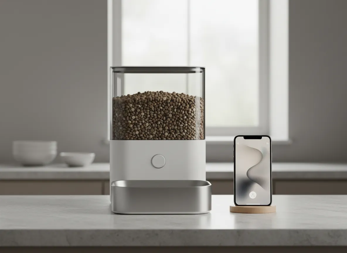 App-controlled pet feeding system on a countertop