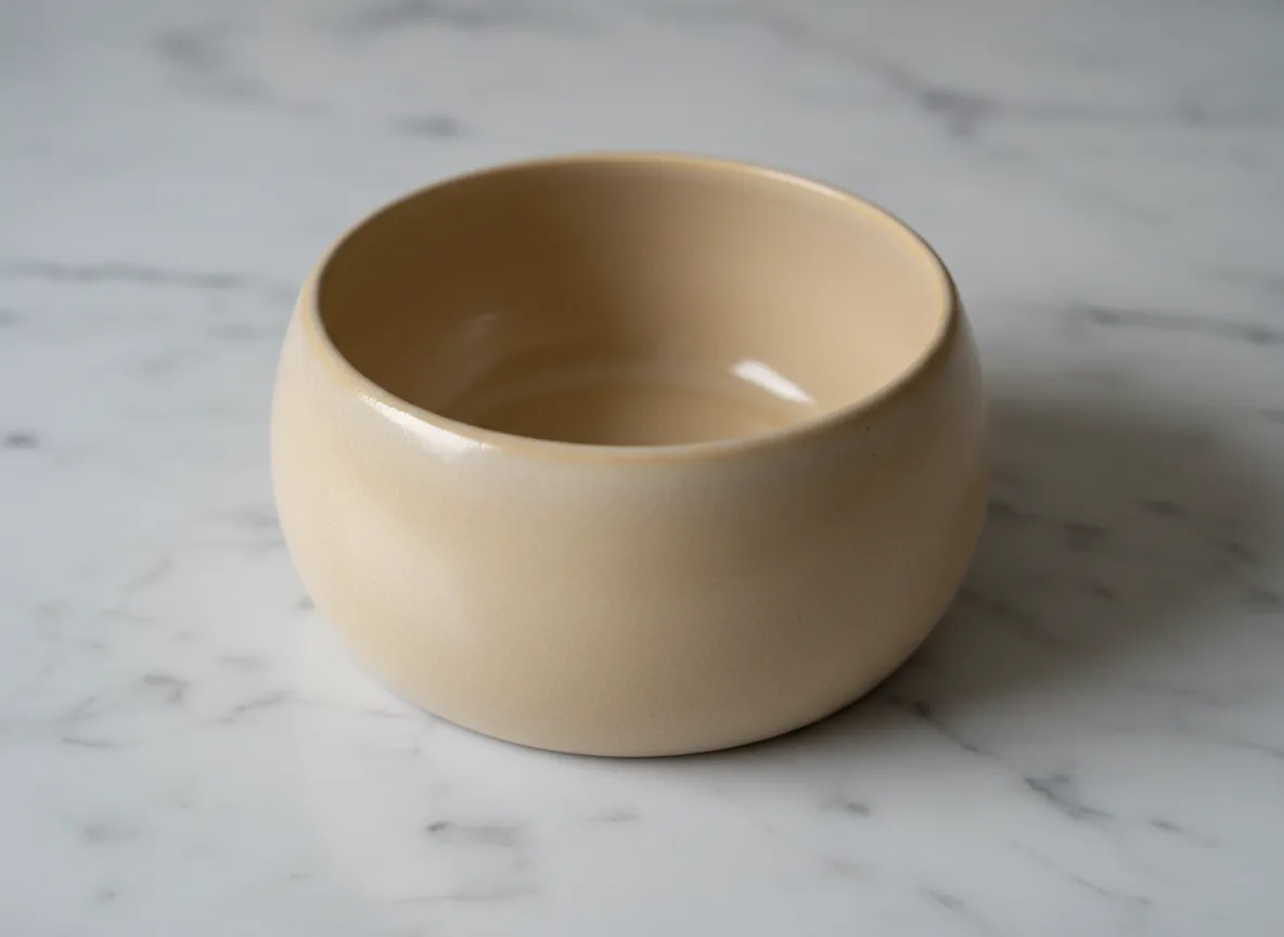 Ceramic designer dog bowl on a marble countertop