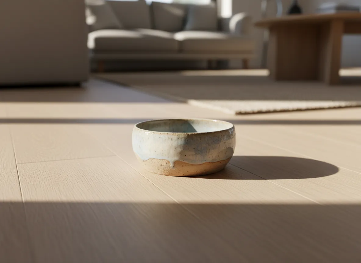 Artisan handcrafted dog bowl on a wooden floor