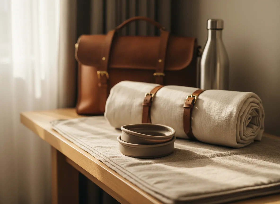 Collapsible travel dog bowl on a neutral travel mat