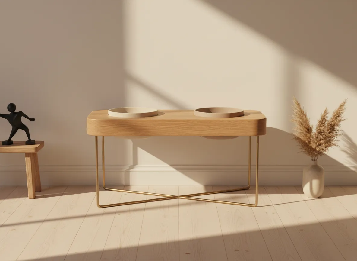 Wooden designer feeding station in a warm neutral interior