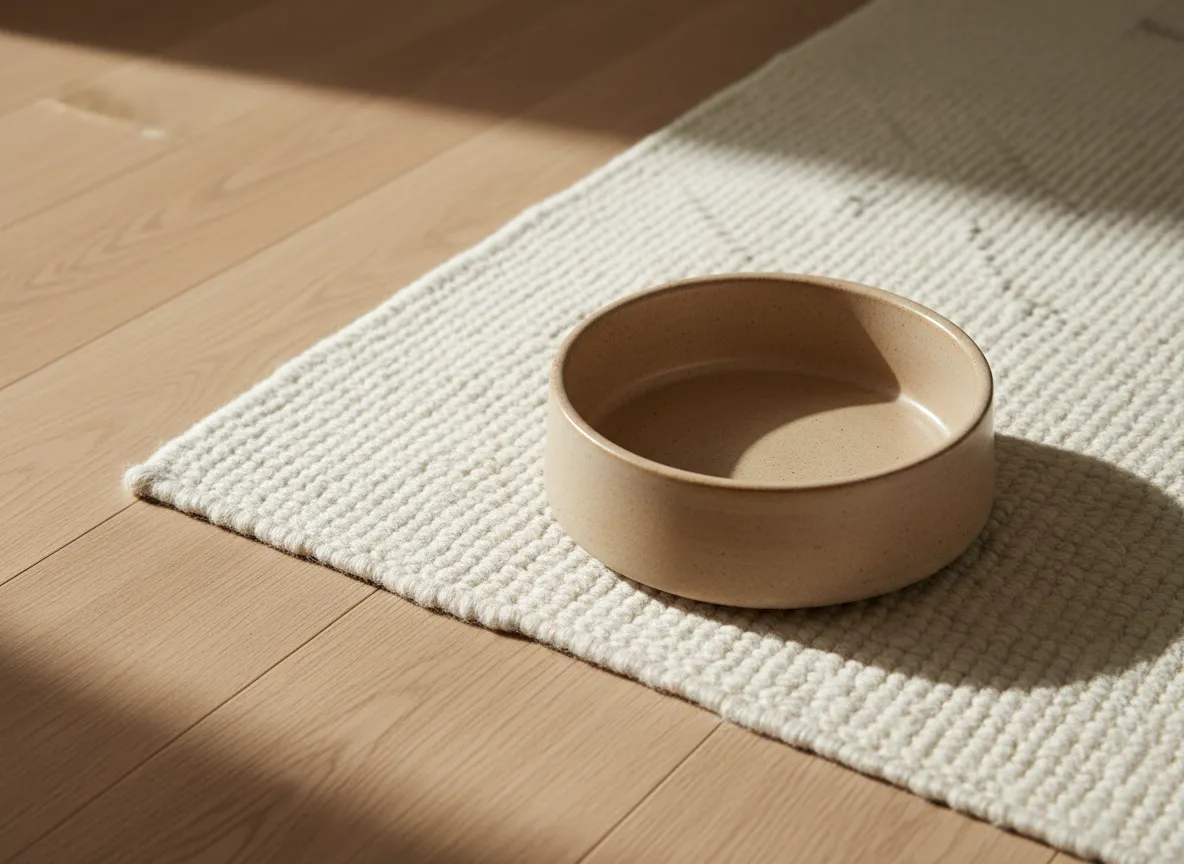 Matte stoneware pet bowl on a warm beige rug