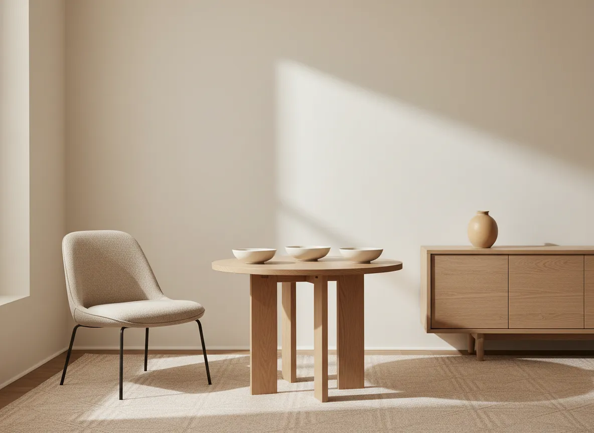 Minimalist elevated dining set in an ivory dining room