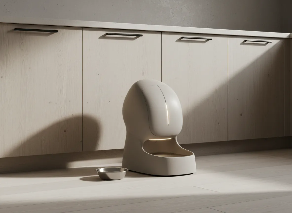 Smart automatic dog feeder in a modern kitchen