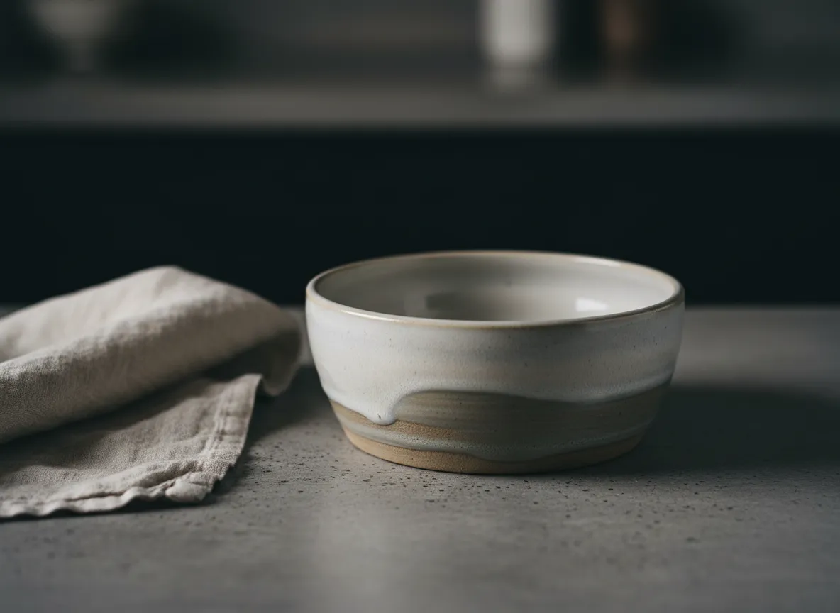 Artisan Ceramic Dog Bowl on a stone counter