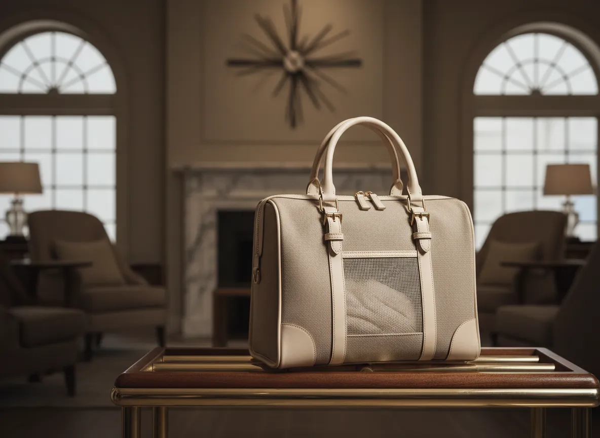 Designer Dog Travel Bag on a bench