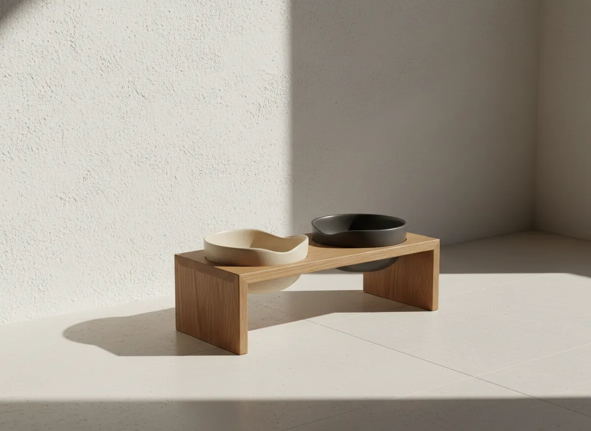 Minimalist dog feeding station with designer bowls