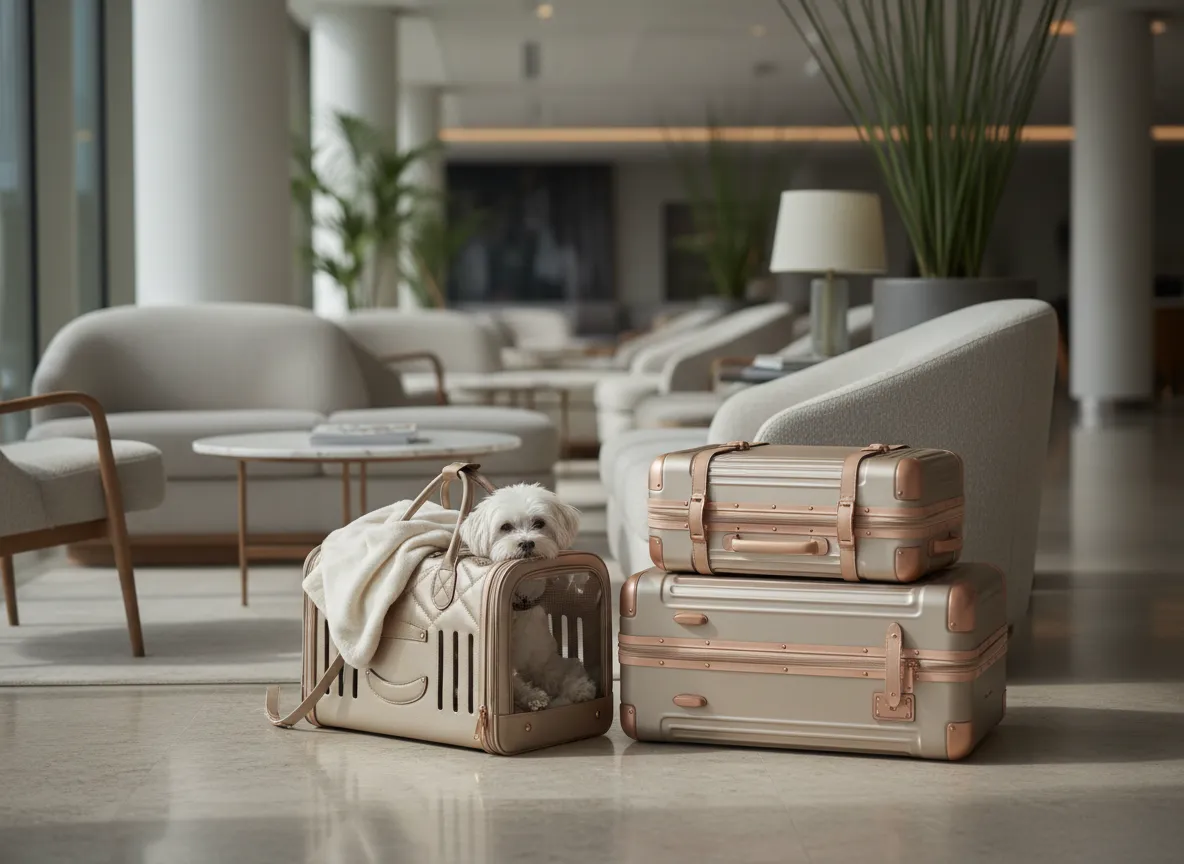 Dog resting in a chic travel carrier beside luggage