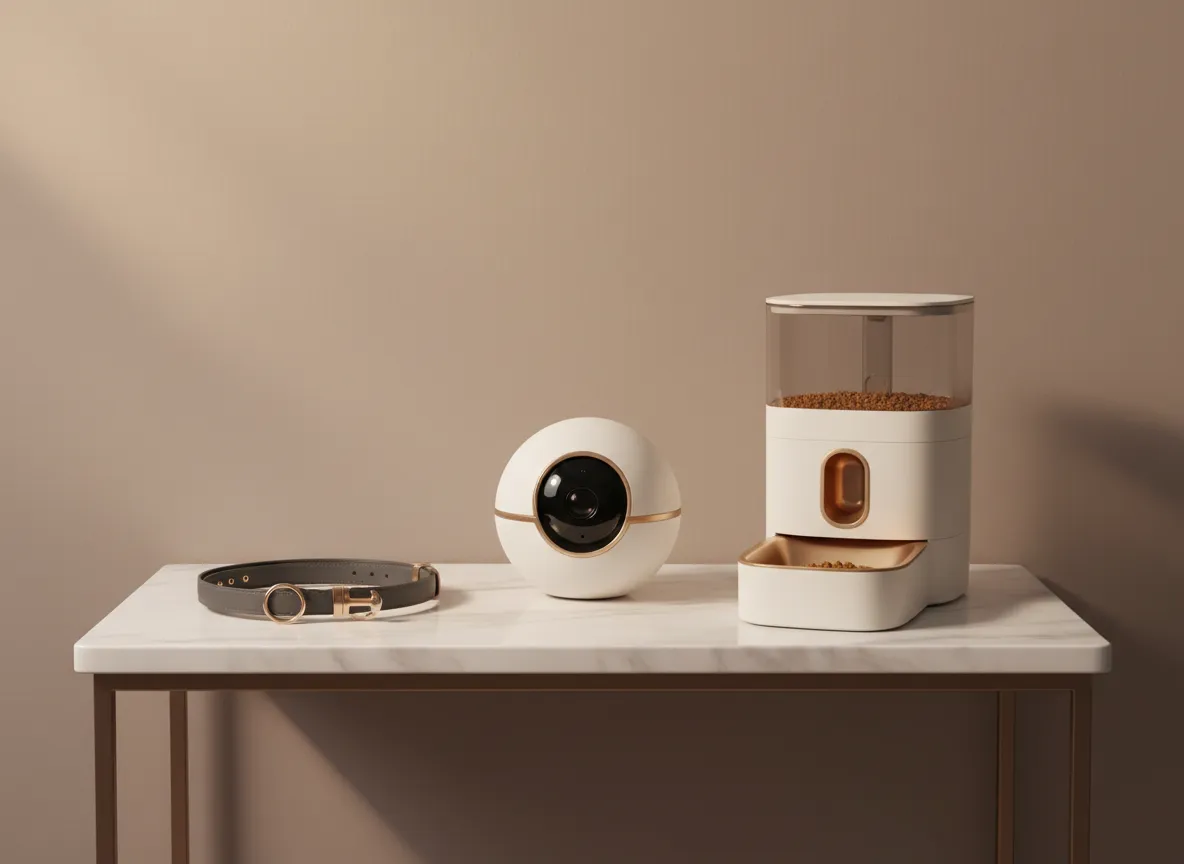 Smart pet tech devices styled on a console table