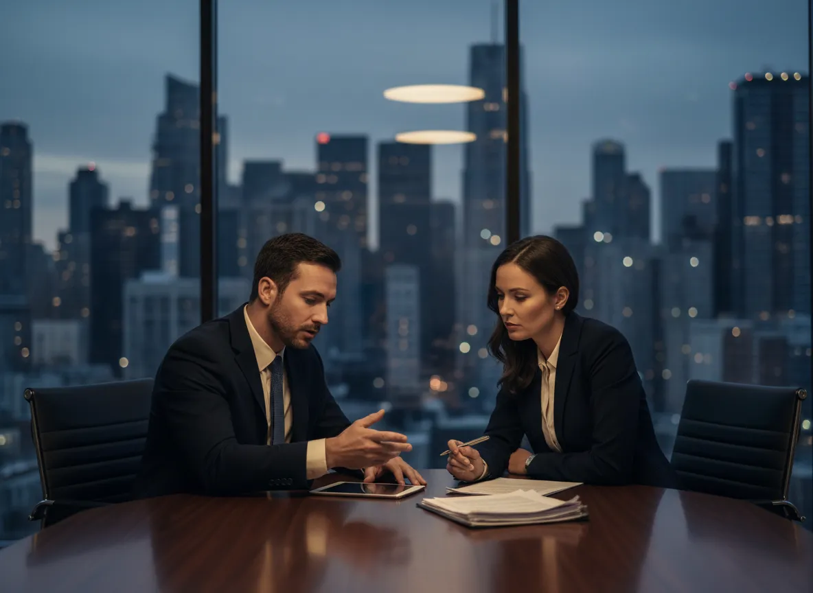 Attorney consultation overlooking city skyline