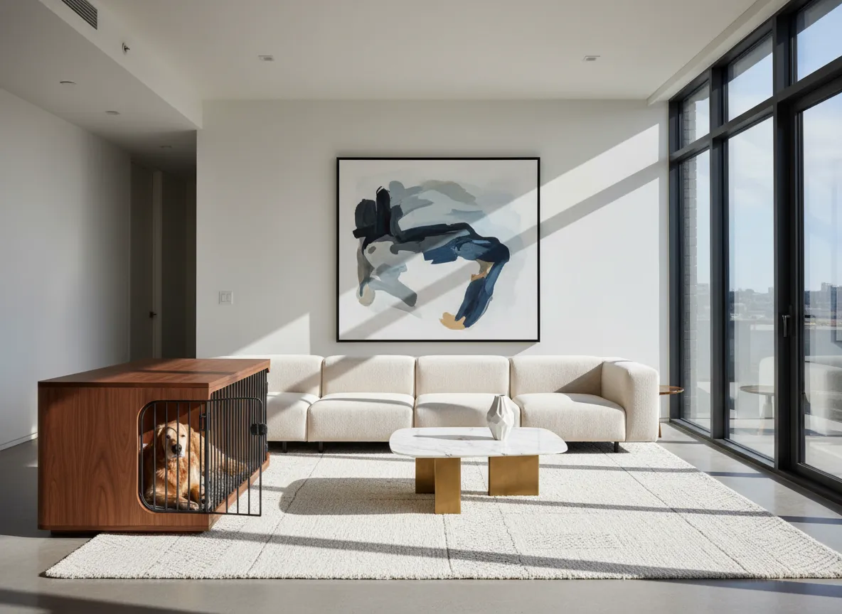 Dog lounging in a designer crate within a modern living room interior