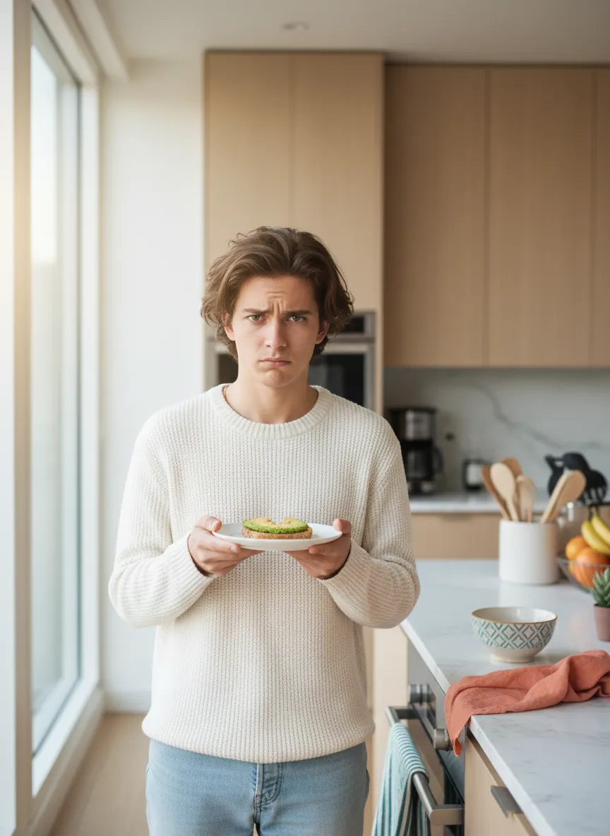 Frustrated person in the kitchen struggling with GLP-1 meal choices