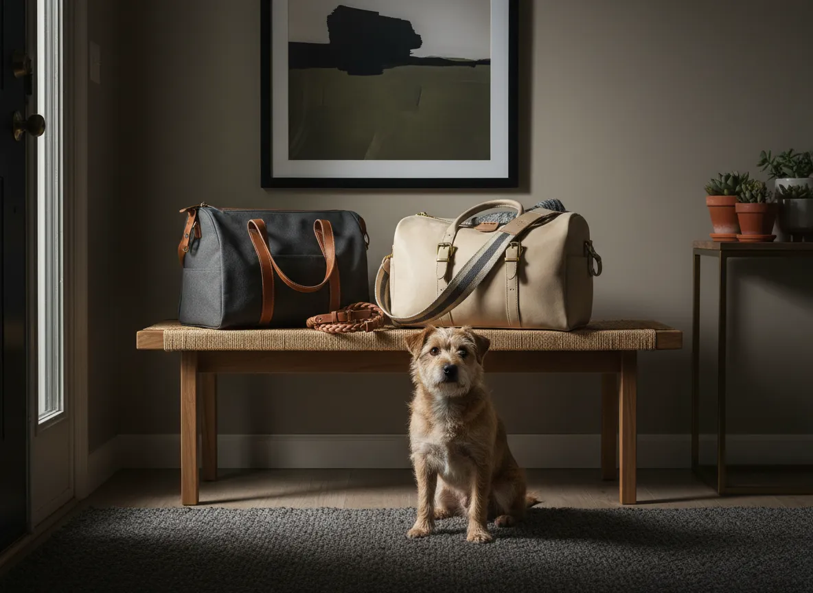 Dog travel accessories in stylish setting