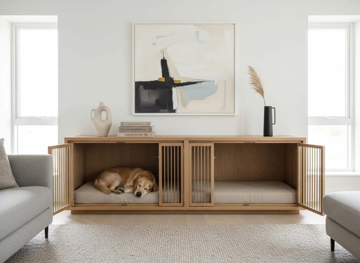 Architectural dog crates styled in a living room