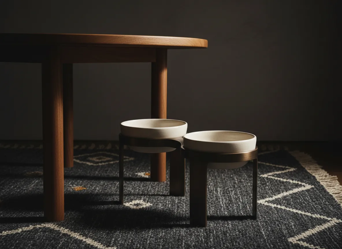 Designer dog dining bowls on elevated stand