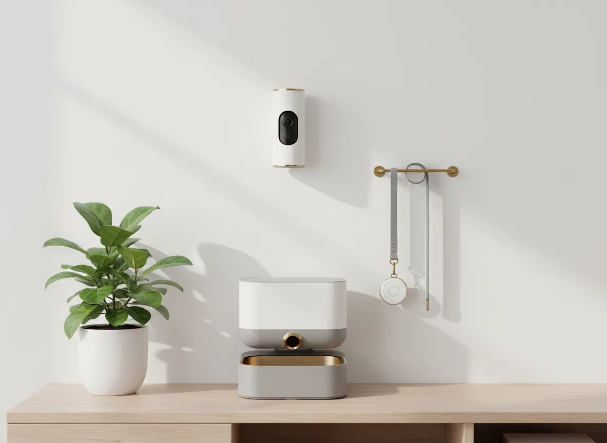 Smart dog tech devices in a minimal living room