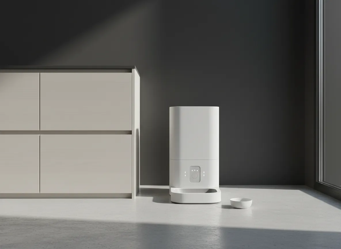 Smart automatic dog feeder on a kitchen floor