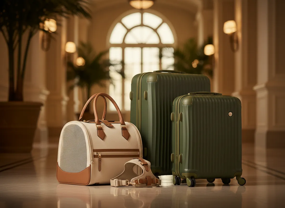 Dog travel gear styled with luggage