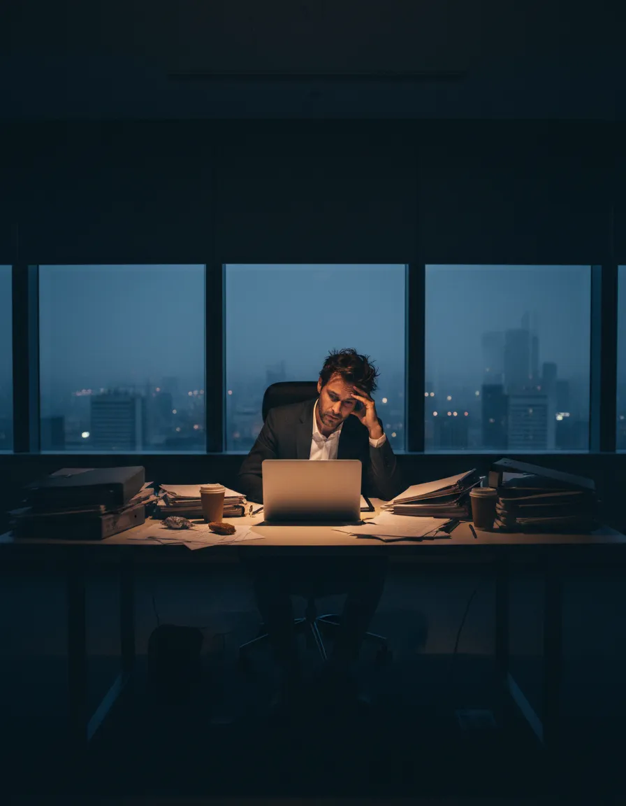 A crowded and stressful corporate office environment showing professionals feeling the shift.
